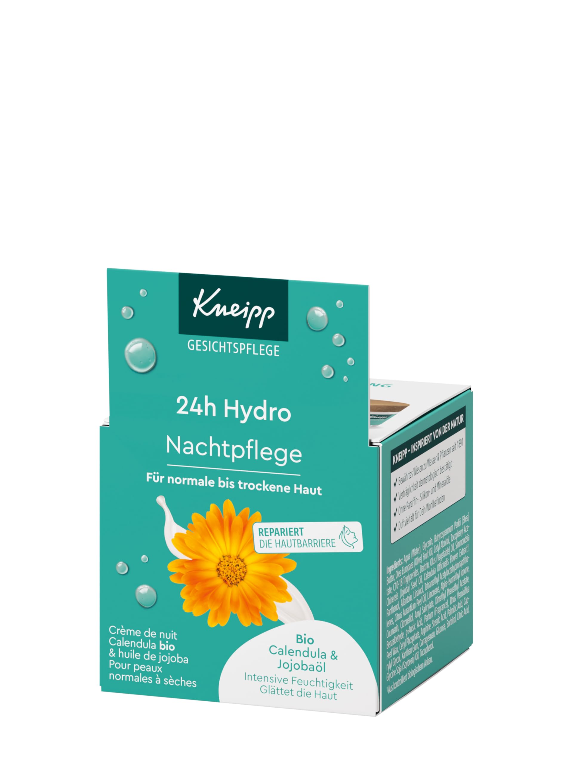Kneipp 24h Hydro pielęgnacja na noc – krem do twarzy z bio nagietka i witaminą E – do skóry normalnej i suchej – wegański – 50 ml