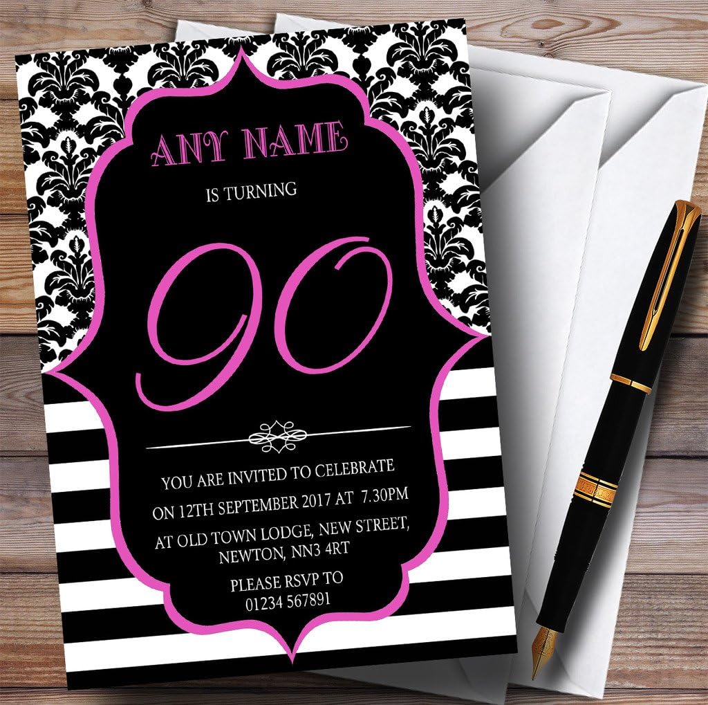 Vintage Damask Pink 90th Personalized Birthday Party Invitations
