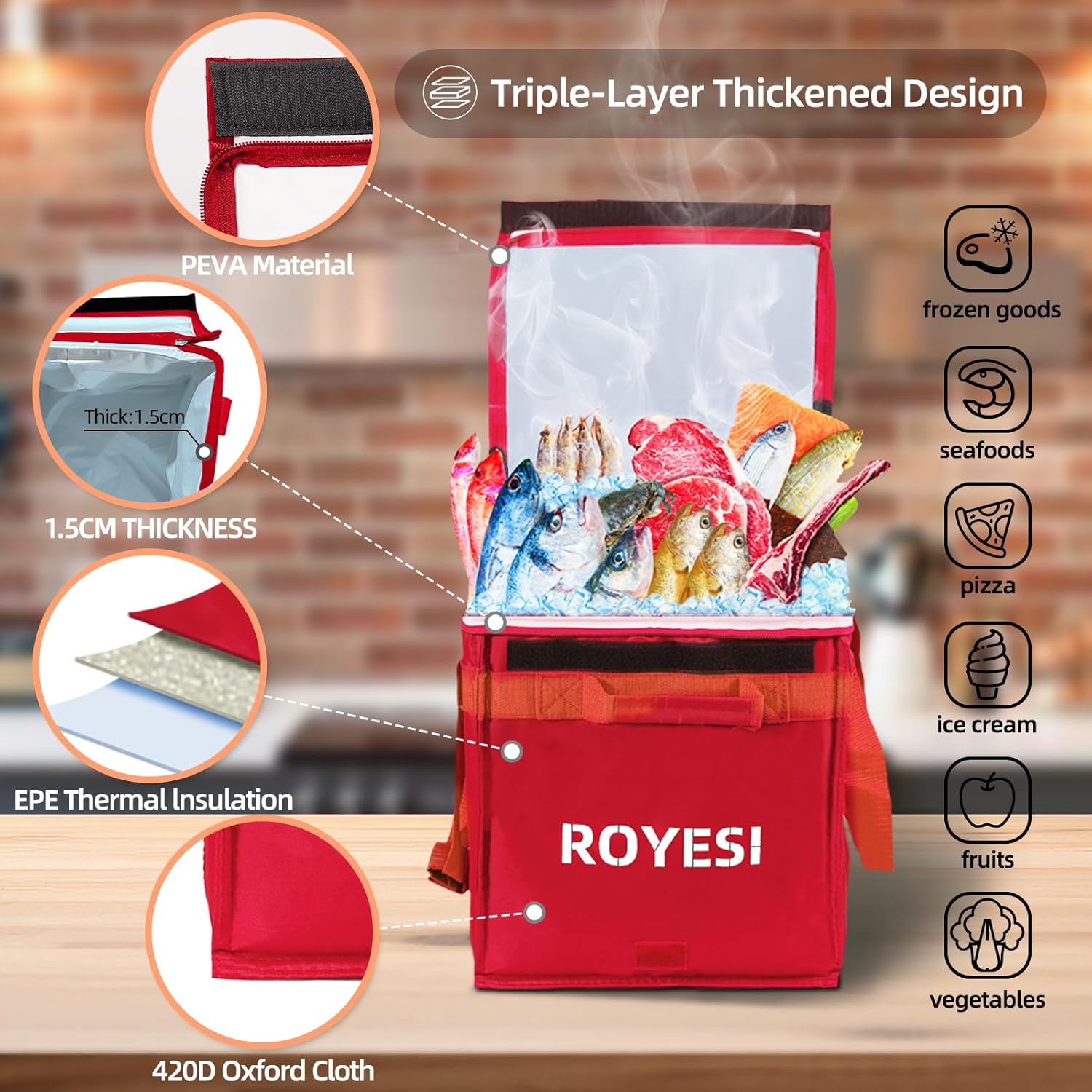 Insulated Reusable Grocery Bags,Grocery Cooler Bags with Zippered Top,Insulated Shopping Bags for Groceries,Travel Cooler Bag for Frozen and Hot Food(Red) - Image 3