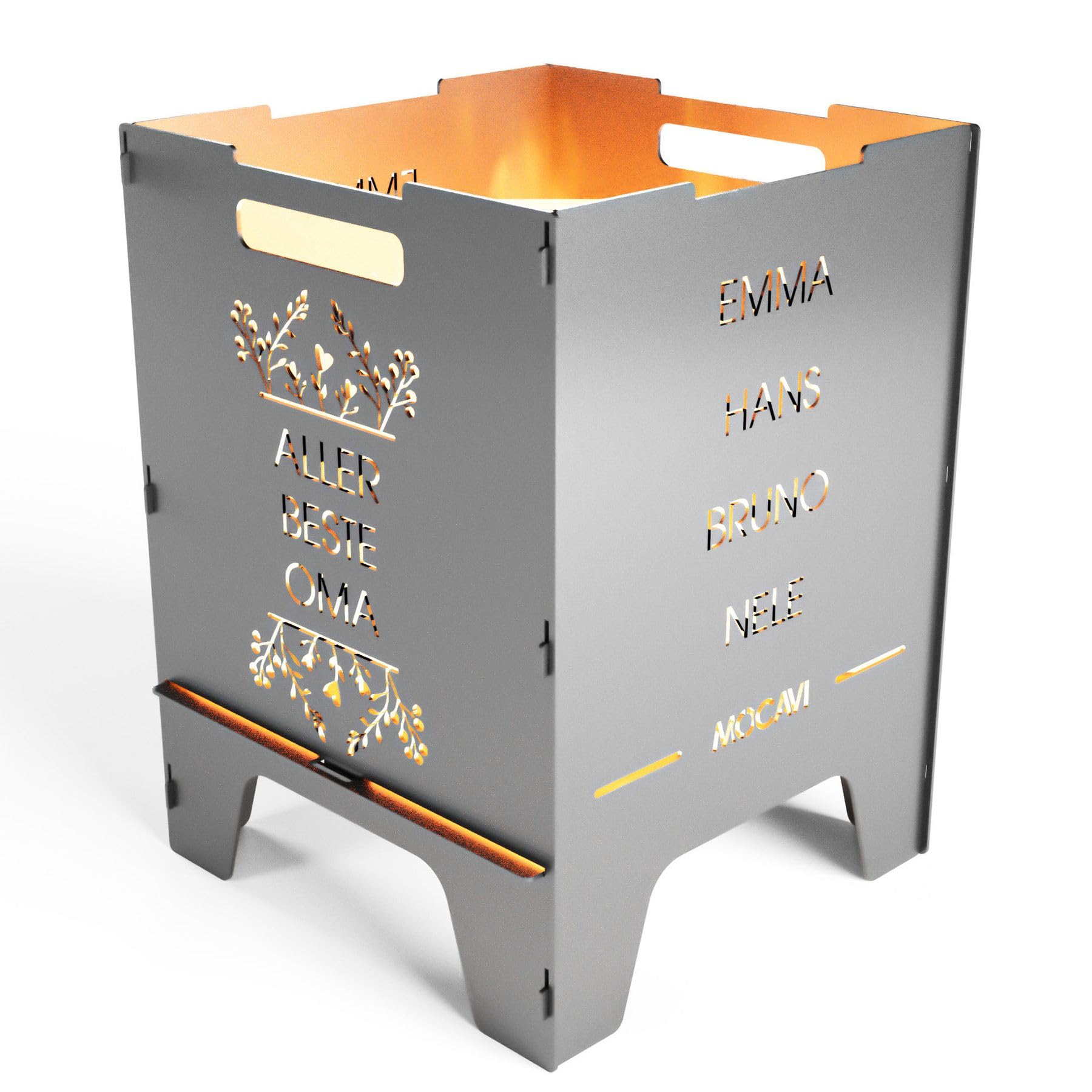MOCAVI Edelstahl Feuerkorb Beste 52 cm | 3 mm V2A personalisiert Design-Feuertonne für Garten, Terrasse und Balkon Feuerschale Feuersäule massiv sicher quadratisch Feuerstelle Outdoor hitzefest