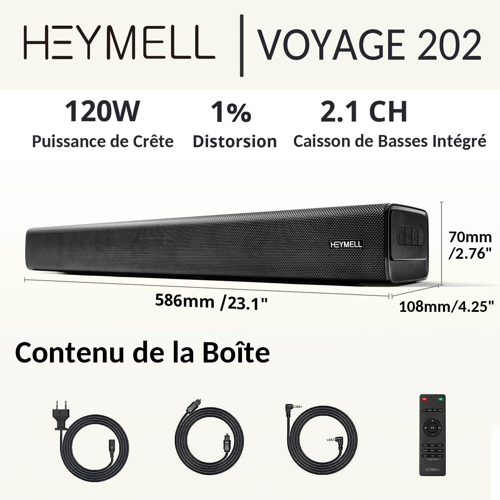 Barre de Son TV 120W 2.1ch Bluetooth 60cm HDMI Arc Caisson de Basse Mural