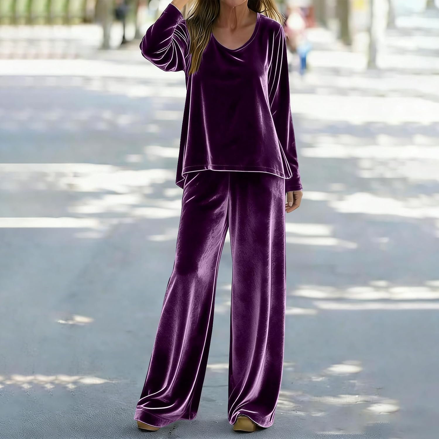 Women 2 Piece Outfits Velvet Sweatsuit Set Casual Long Sleeve Pullover Tops and Wide Leg Sweatpant Tracksuit Sets