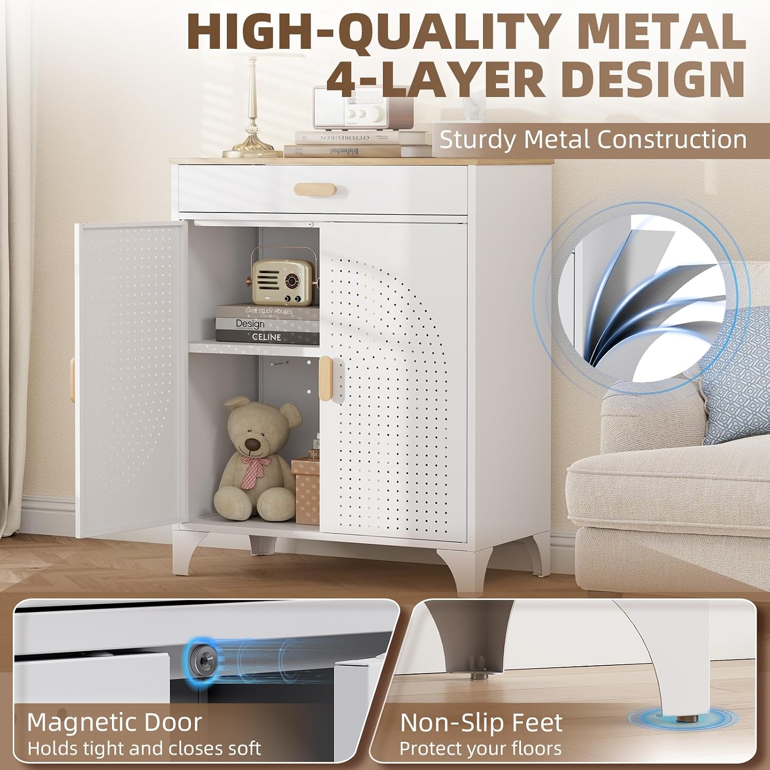 KINGBOARD White Metal Storage Cabinet, Modern 2-Shelf Sideboard with Drawer, Heavy Duty Steel Cupboard for Entryway, Kitchen