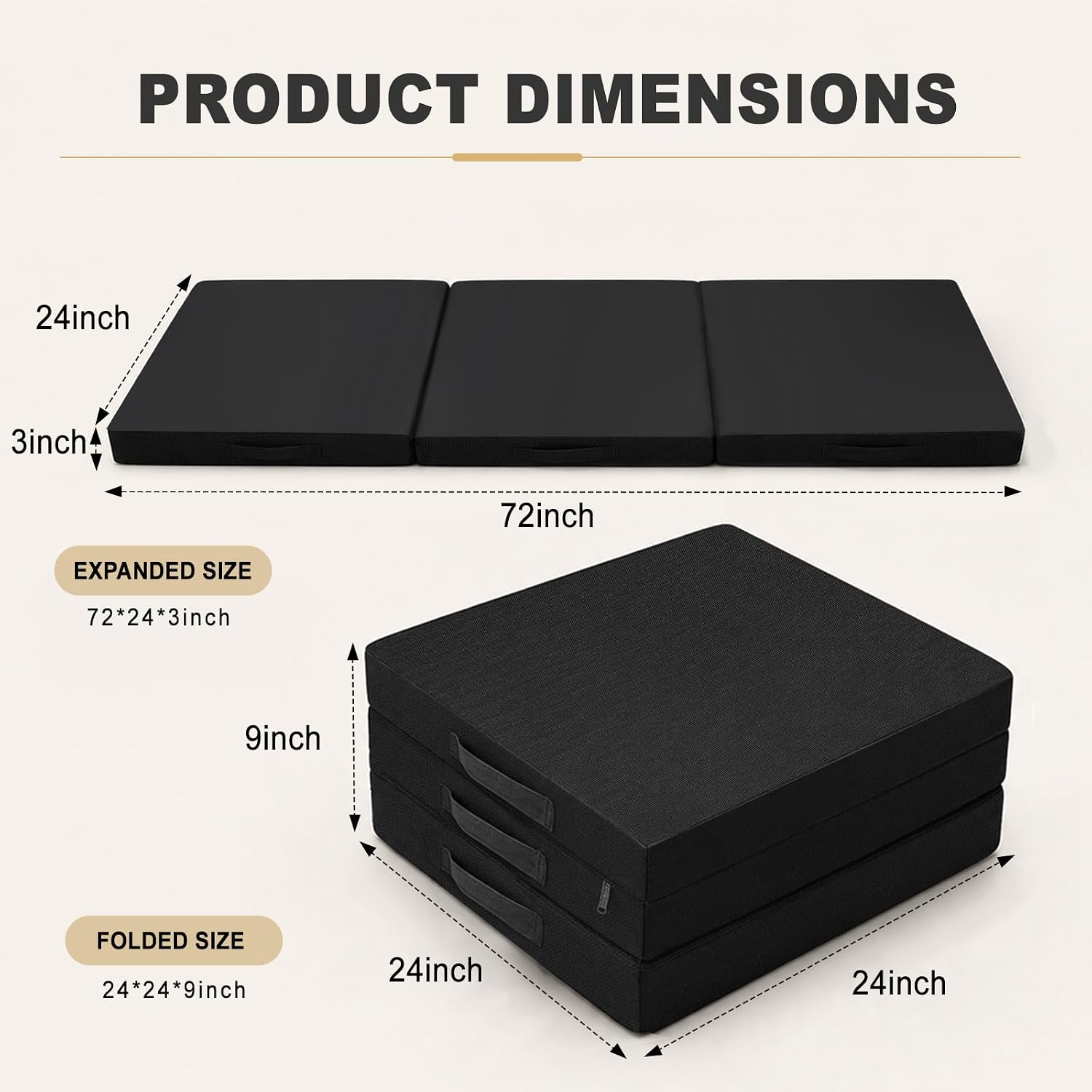 Black 3 Inch Thick Yoga Mat 72 * 24 * 3 Inch for Workout Camping Gym | Triple-fold, with carrying handle, portable
