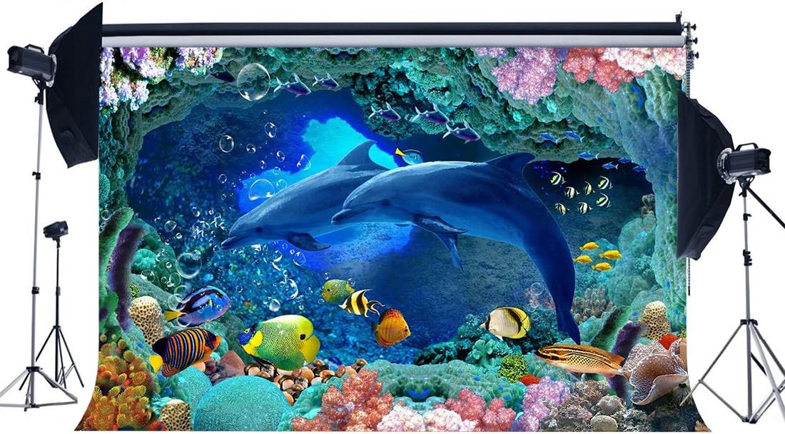 Haosphoto Vinyl 5X3FT 3D Underwater World Backdrop Aquarium Backdrops Fish Coral Dolphin Tropical Photography Background for Kids Baby Summer Journey Ocean Sailing Portrait Photo Studio Props YX513