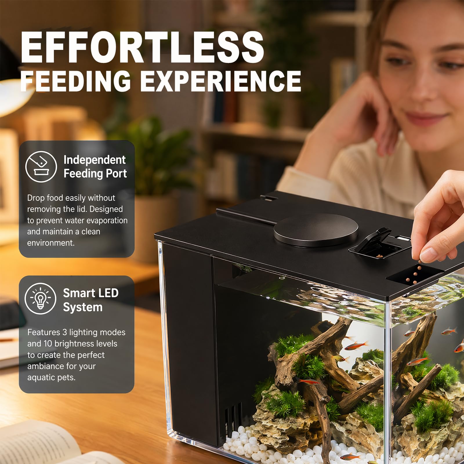 LOMUG Mini aquarium Betta de 4,3 l avec pompe à filtre, éclairage LED, idéal pour les petits poissons, crevettes, plantes, Aquascape DIY (20 x 15 x 15 cm, noir)