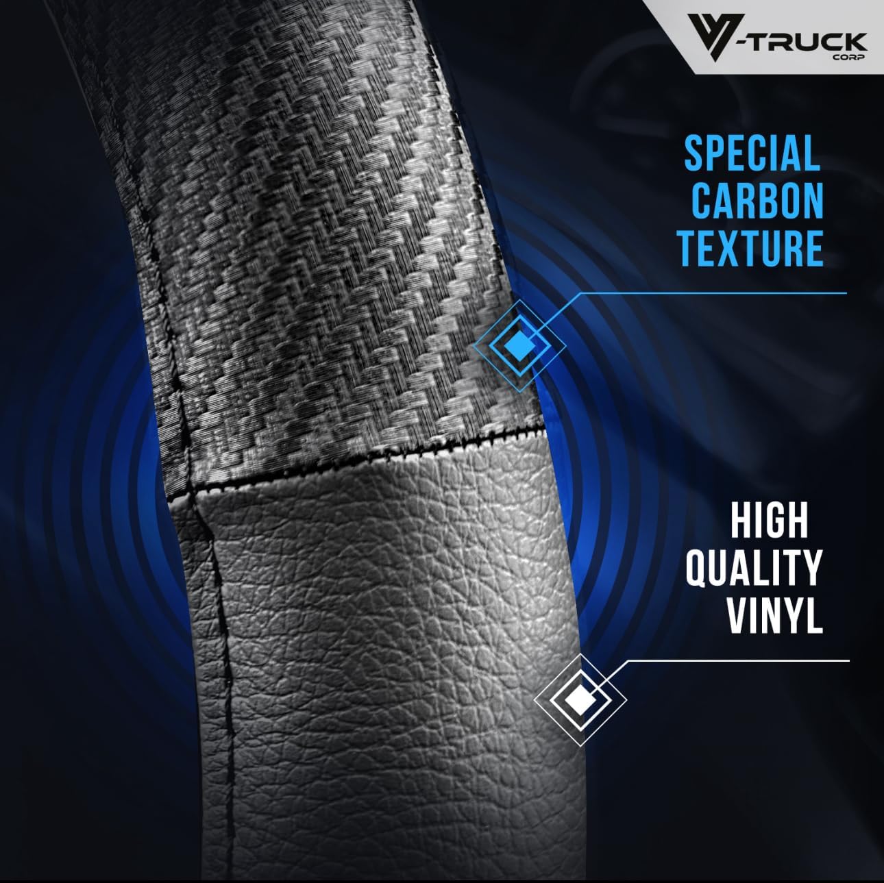 18-Inch Genuine Leather Steering Wheel Cover for Semi Trucks – Black with Carbon Fiber Imitation, Heavy-Duty Non-Slip Grip, Universal Fit, Easy Installation