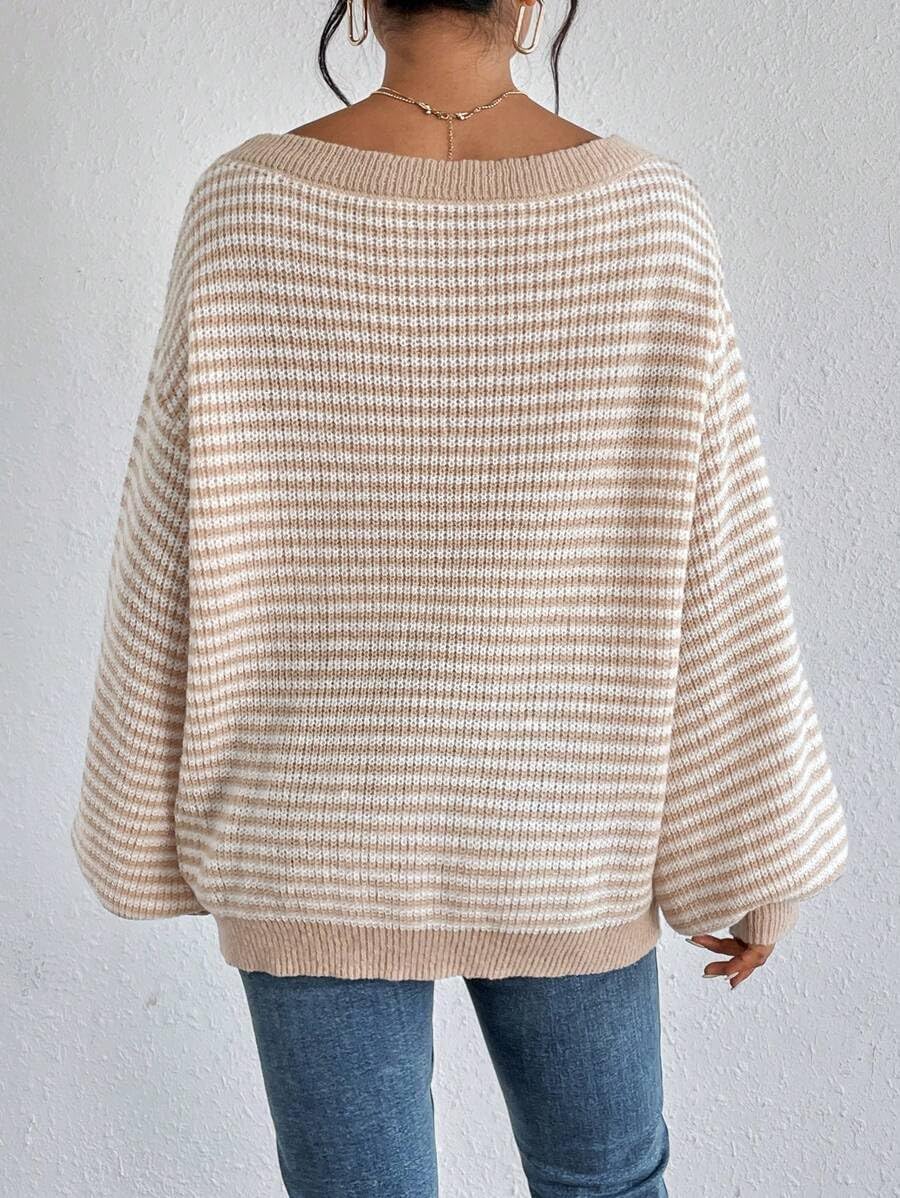 SKAYS Off The Shoulder Sweater Fall Striped Pullover Knit Sweaters for Women Long Sleeve Lightweight Drop Shoulder Tops - Image 2