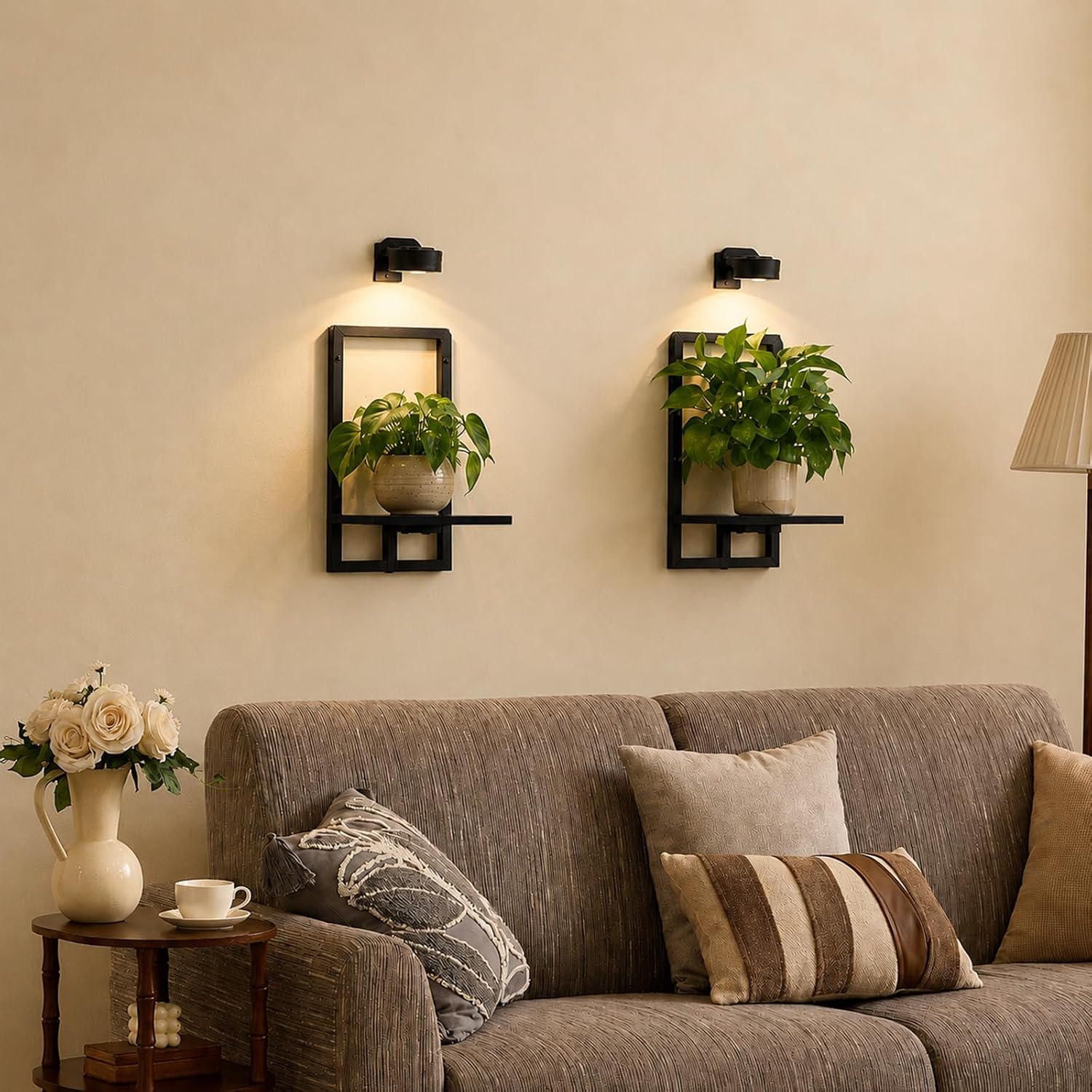 Wall Planters with Grow Lights, Set of 2 Indoor Hanging Shelves for Bedroom, Living Room, Bathroom, Kitchen, Entryway, Black (2, Black)