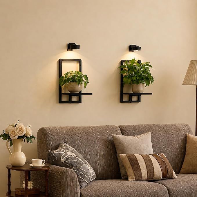 Wall Planters with Grow Lights, Set of 2 Indoor Hanging Shelves for Bedroom, Living Room, Bathroom, Kitchen, Entryway, Black (2, Black)