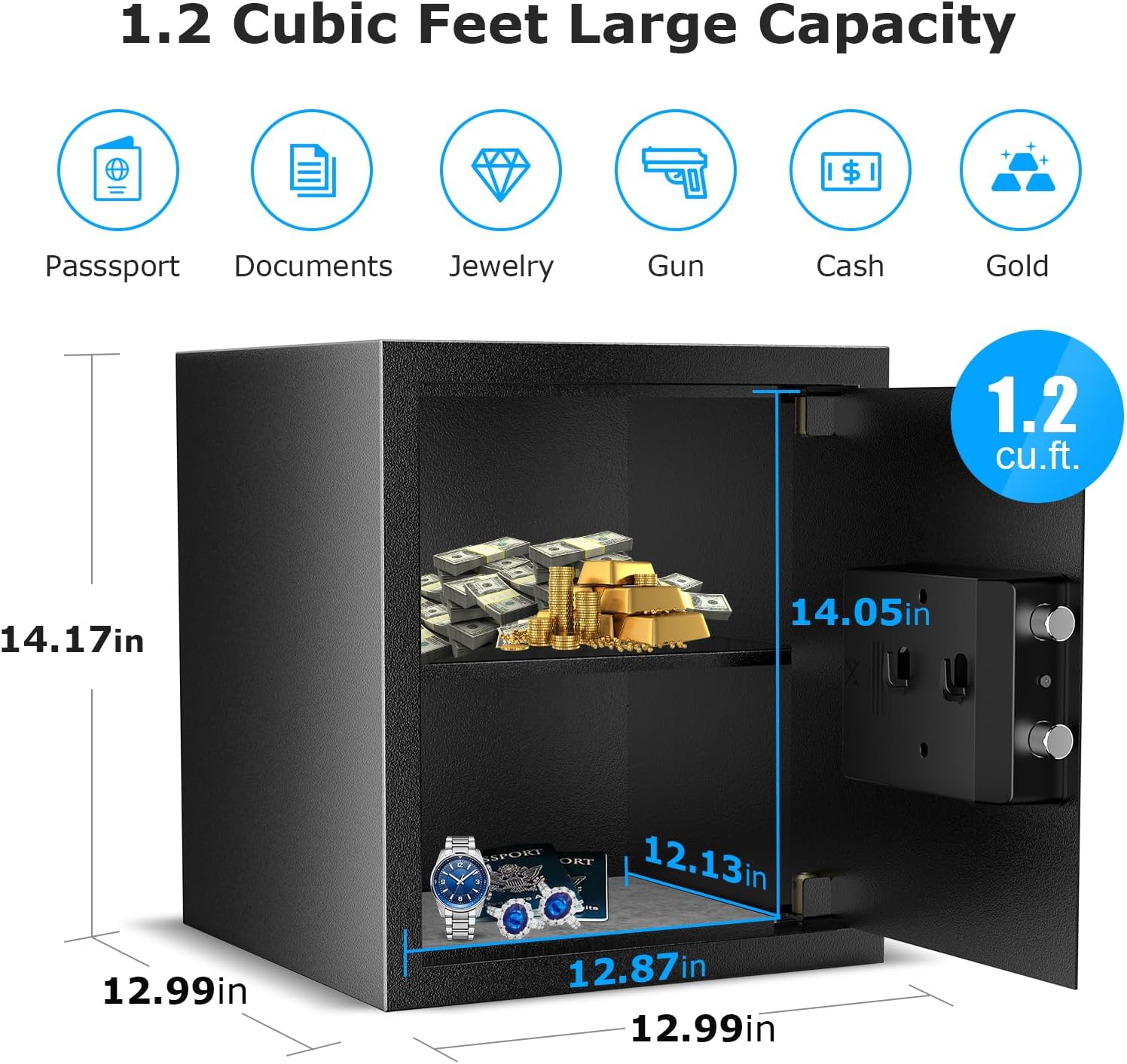Bonsaii Security Safe Box,1.2 Cubic Feet Large Document Safe Box,New Type of Digital Keypad Lock,Removable Shelf for Money,Jewelry and Valuables,12.99 x 14.17 x 12.99 Inches 1.20 cu.ft. (New Lock)