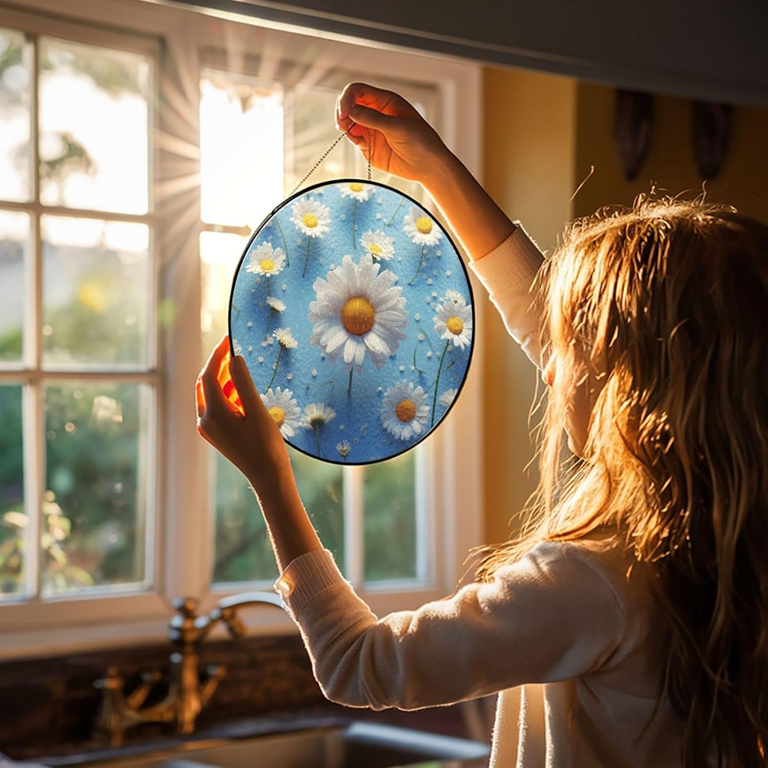 Cute Daisy Stained Glass Suncatcher for Window Hanging Sun Catcher Ornament for Women Men Suncatcher for Home Decor, 10in（25cm） Round Glass Ornament for Mother's Day Birthday Gift