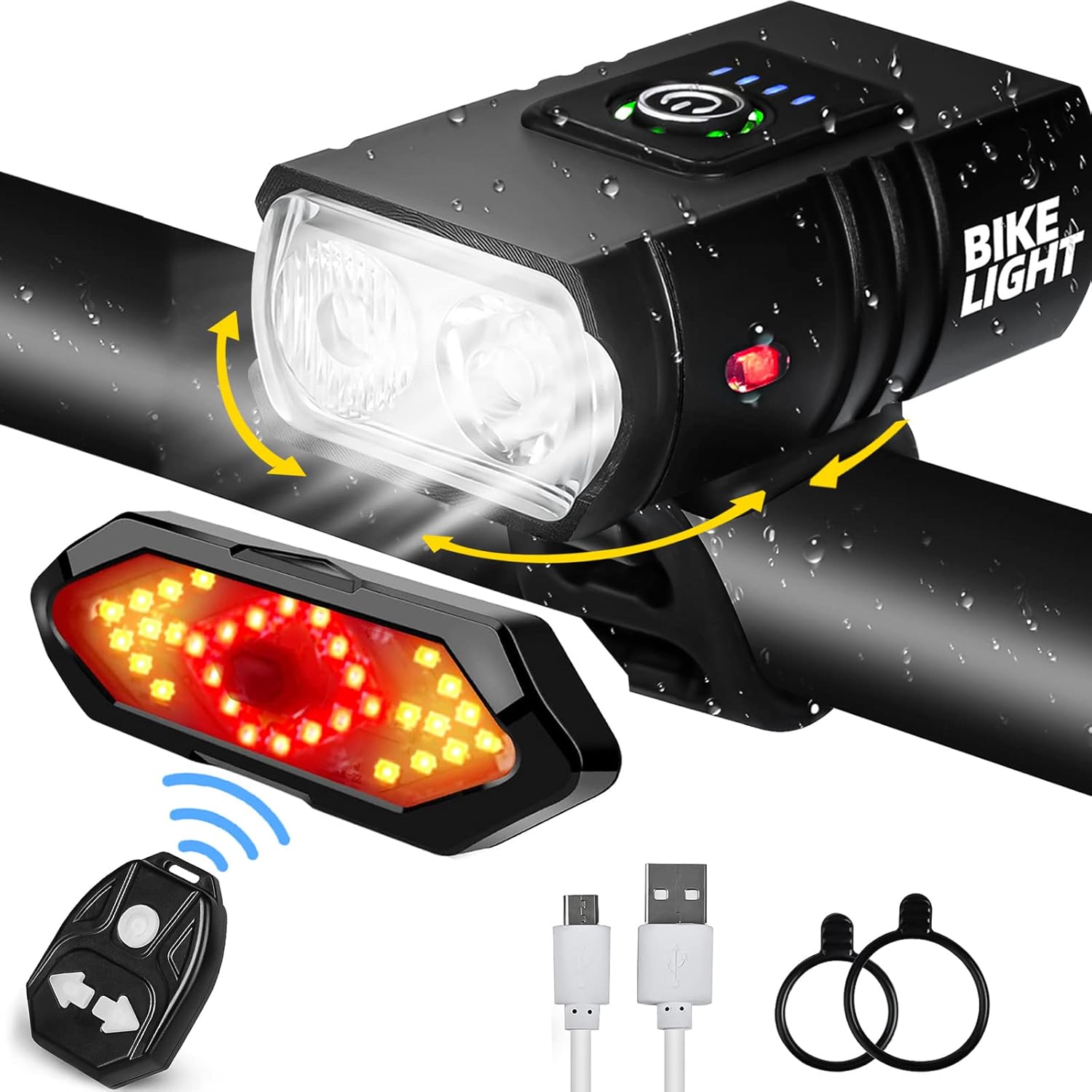 Bike Lights Set, USB Rechargeable Bicycle Light Front & Back, 1000 Lumen Bicycle Headlight and Rear Taillight with Turn Signal & Horn, Waterproof and 5+6 Lighting Modes for Night Cycling Road Mountain