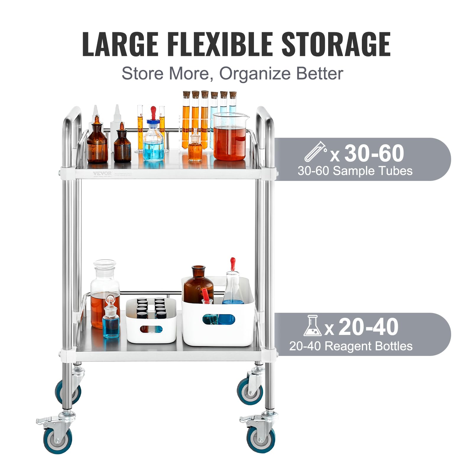 VEVOR Carro de laboratorio acero inoxidable 2 capas capacidad 100 kg ruedas giratorias médico