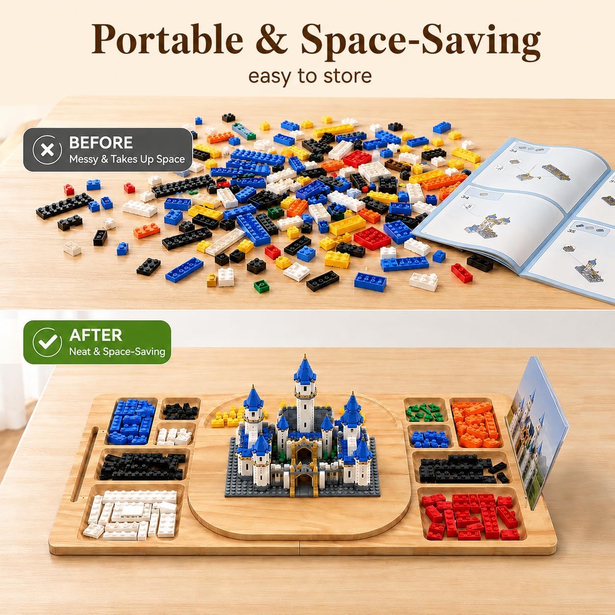 Building Baseplate Table for Lego, Wooden 360° Rotation Foldable | Lego Building Tray Organizer With Instruction Holder, Multi-Functional Sensory Play Table For Puzzles Games And DIY Projects