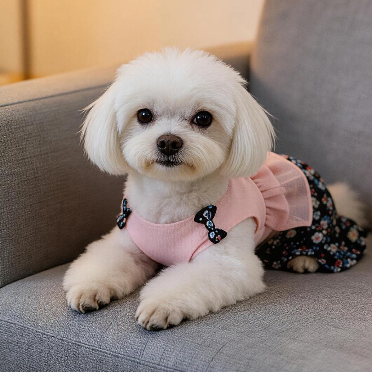 Vintage Floral Bowknot Sleeveless Romper for Small Dogs Cats Rabbits, Breathable Cotton Ruffle Flared Pants, Teacup to Small-Medium Pets for Walk Photo Vacation (Pink-Floral, Medium)