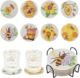 FASHEWELRY 8pcs Diamond Art Coasters with Holder Bees Theme Diamond Painting Coaster Kit for Drinks Diamond Art Kits Adults