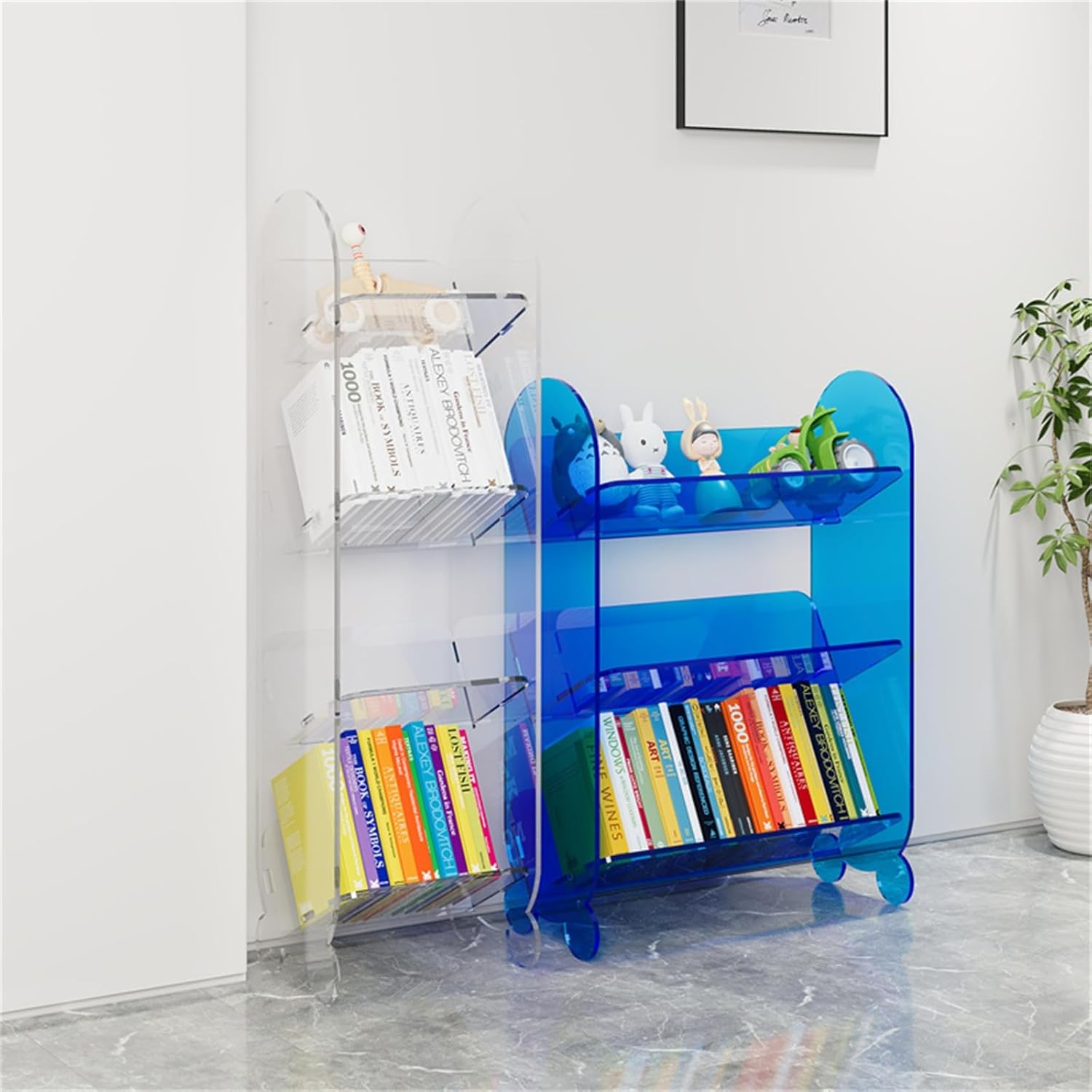 Acrylic Bookshelf, Small Bookcase Freestanding Corner Storage Shelve Display Shelf for Living Room, Bedroom, Bathroom, Small Spaces (Grey,4 Tier-Small)