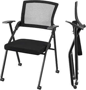 Foldable Office Chair with PU Wheels Armrest Ergonomic Mesh Back Stackable Conference Room Guest Reception Meeting Chair Black Black