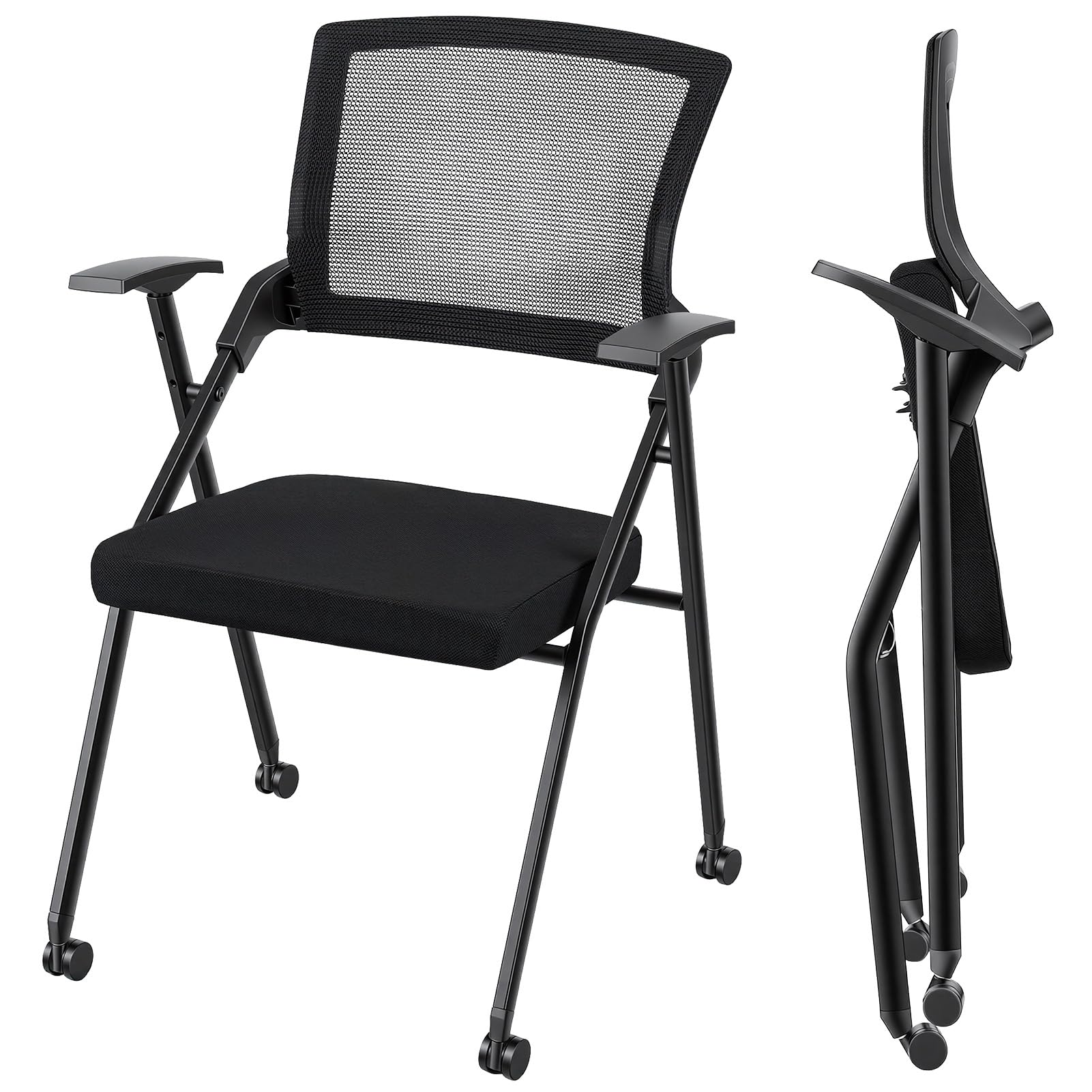 Silla de oficina plegable, respaldo ergonómico de malla con ruedas de PU y reposabrazos lisos, silla de invitados apilable para sala de conferencias, reuniones, recepción, color negro