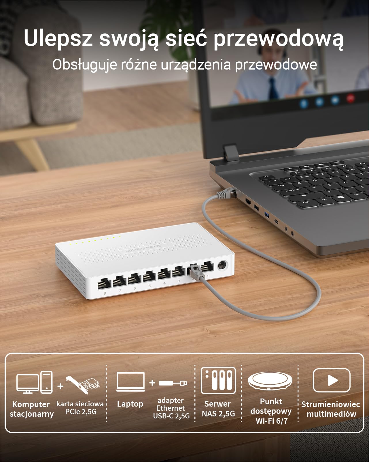 BrosTrend Przełącznik 8 portów 2,5 GB niezarządzany, dożywotnia ochrona | Plug & Play przełącznik Ethernet do konsoli do gier, komputera, NAS itp. Przełącznik sieciowy 2,5 Gigabit bez wentylatora
