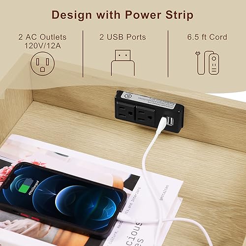 Miniatura 5 de Mesita de noche con estación de carga mesa de noche de ratán con 2 cajones mesa auxiliar para dormitorios mesa auxiliar de ratán de madera natural