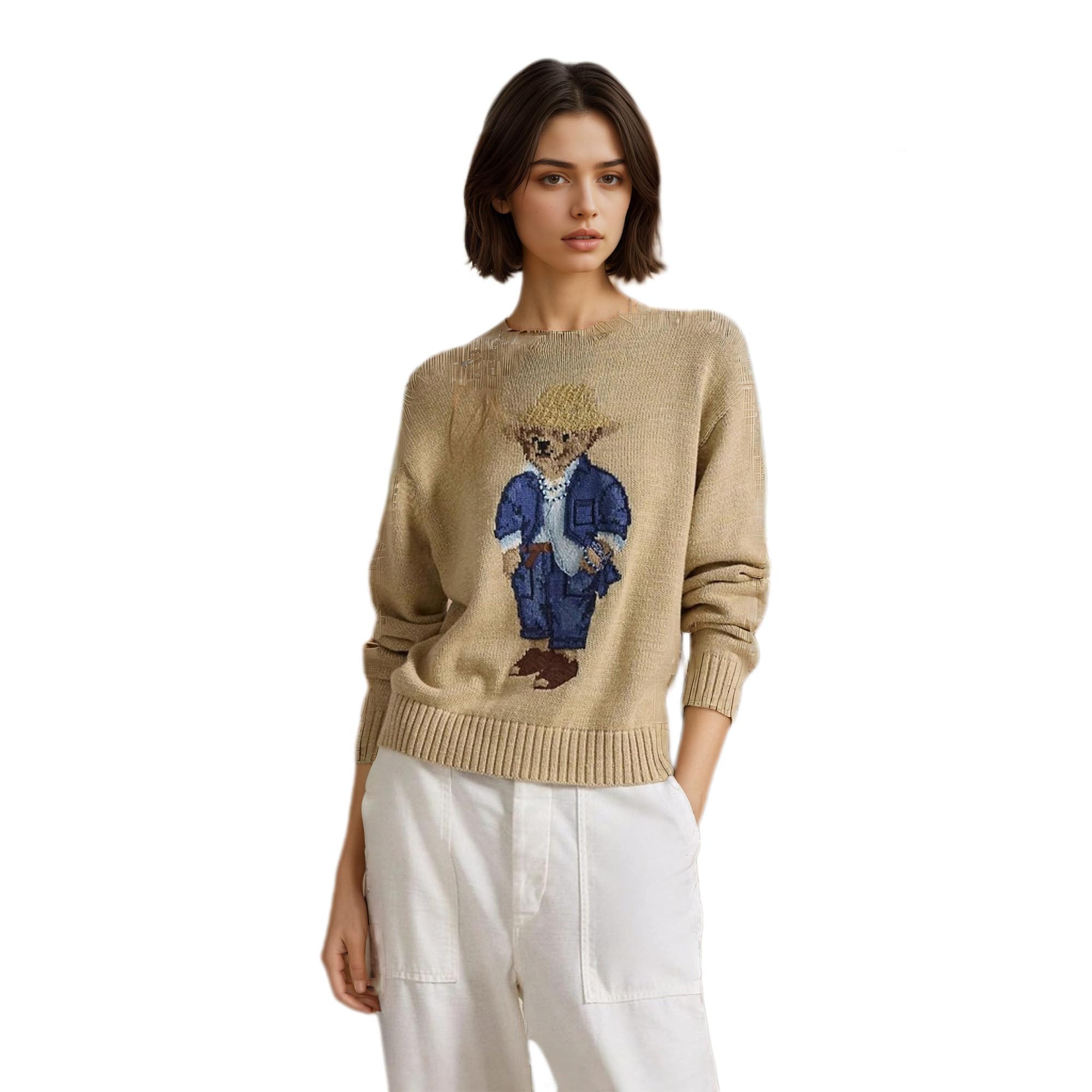 Cute Sweater Women's Fall Long Sleeve Crew Neck Pull On Teddy Bear Sweaters Casual Warm Tunic Outfits