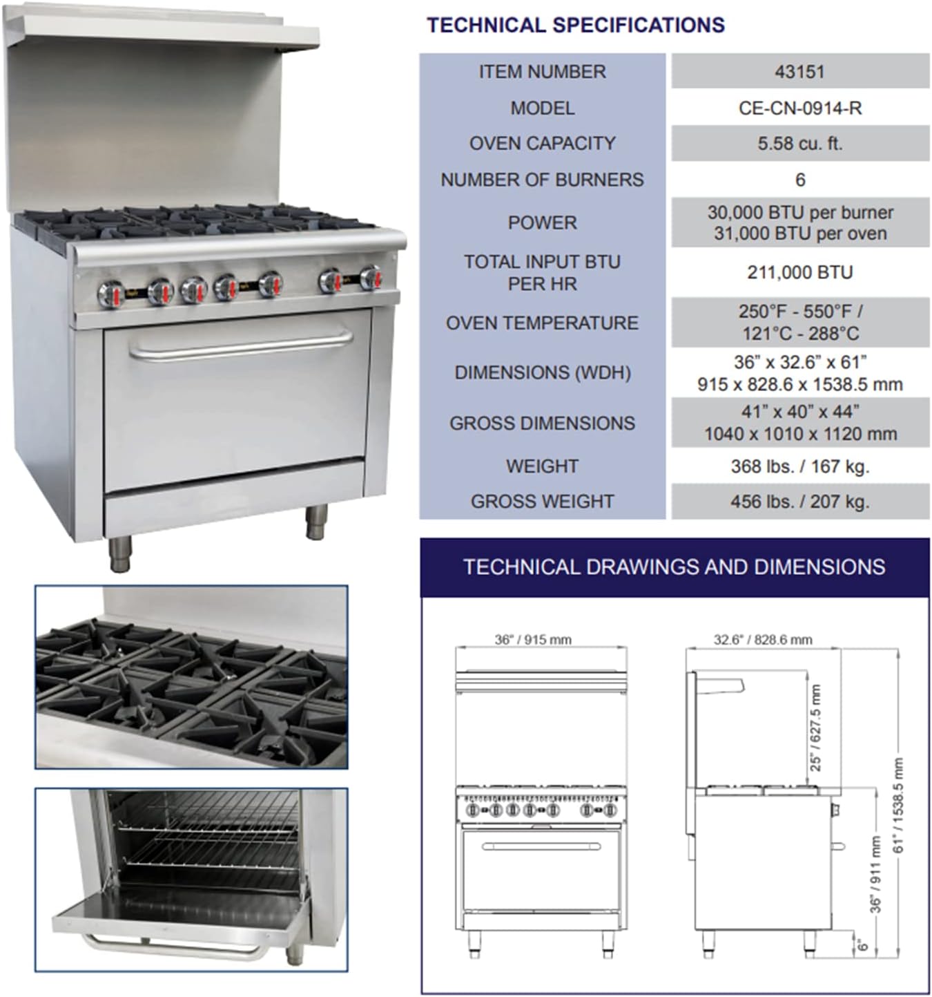 COMMERCIAL 6 BURNER 36" GAS RANGE WITH OVEN NATURAL GAS (NG) 30,000 BTU EACH OMCAN 43151