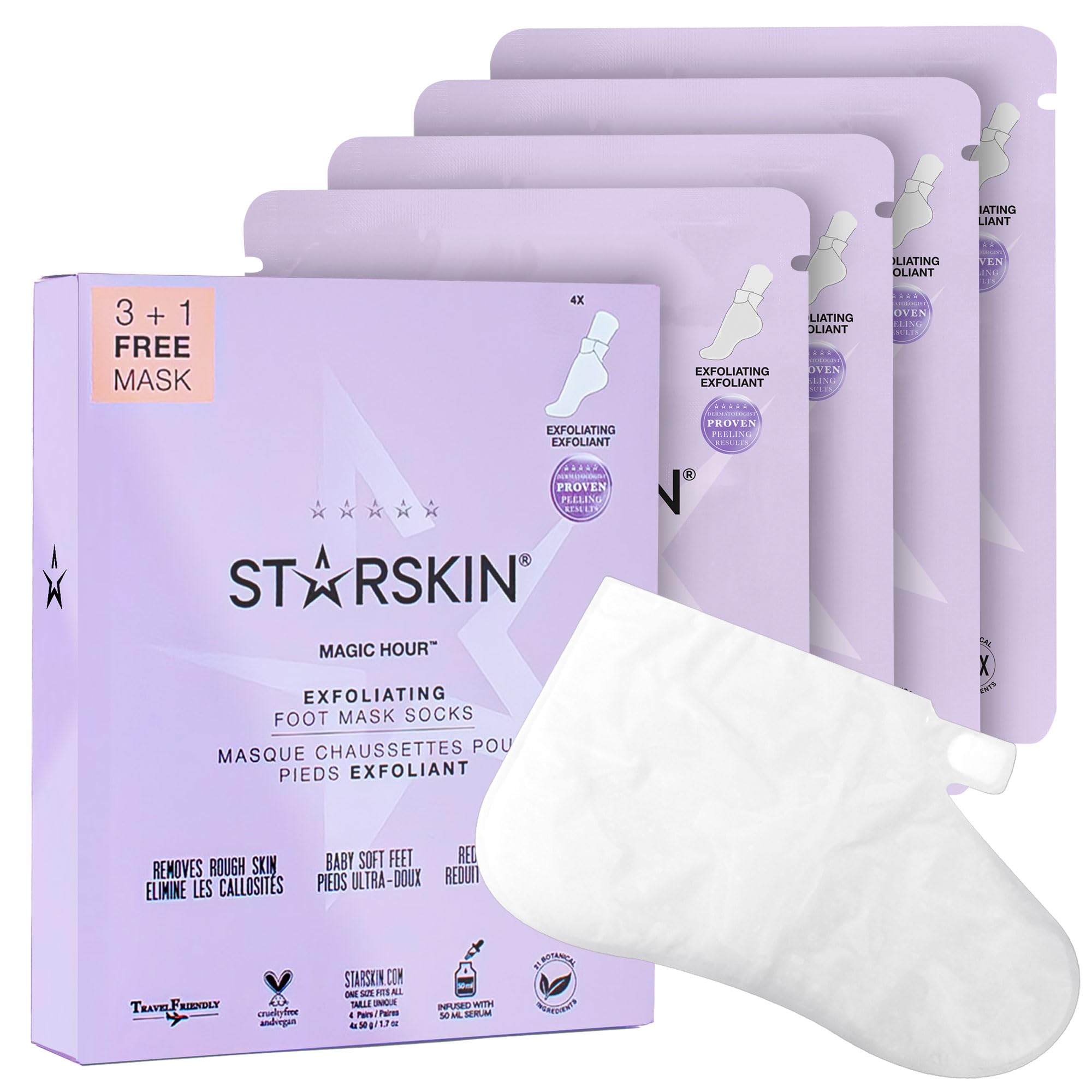 STARSKIN Magic Hour Lot de 4 masques exfoliants pour les pieds avec acide lactique et glycolique, élimine en douceur les callosités et les peaux mortes pour un peeling efficace, soin de la peau K