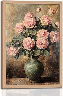 Framed Vintage vase Pink Peonies Painting, Wall Art Floral Art Print, Rustic Wall Decor, for living room and bedroom Dining room gallery Preparing to hang 12x16in