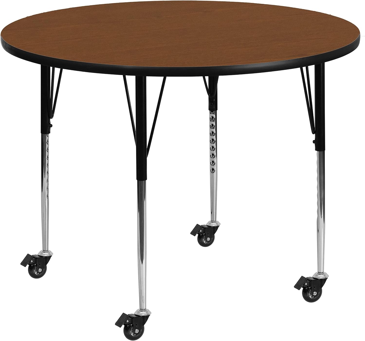 BOWERY HILL 26" x 58" Trapezoid Mobile Meeting Table, Oak Finish, High Pressure Laminate Top, Adjustable Steel Legs, Locking Casters, Scratch and Stain Resistant, Durable Office or Classroom Table