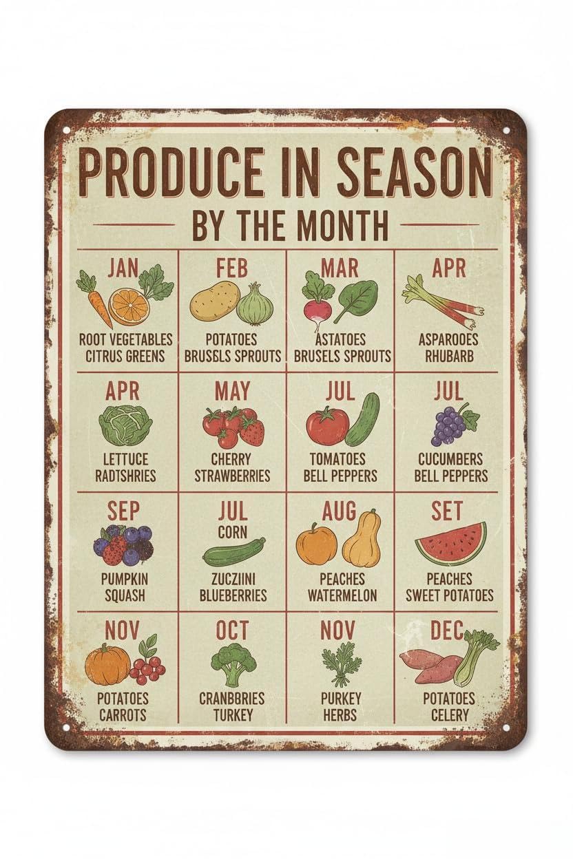 Vintage Metal Tin Sign Produce In Season By The Month Poster Wall Decor Artwork Gift Mom Chart School Bathroom Bar Diner Club Pub Gift Women Men 8x12 Inch