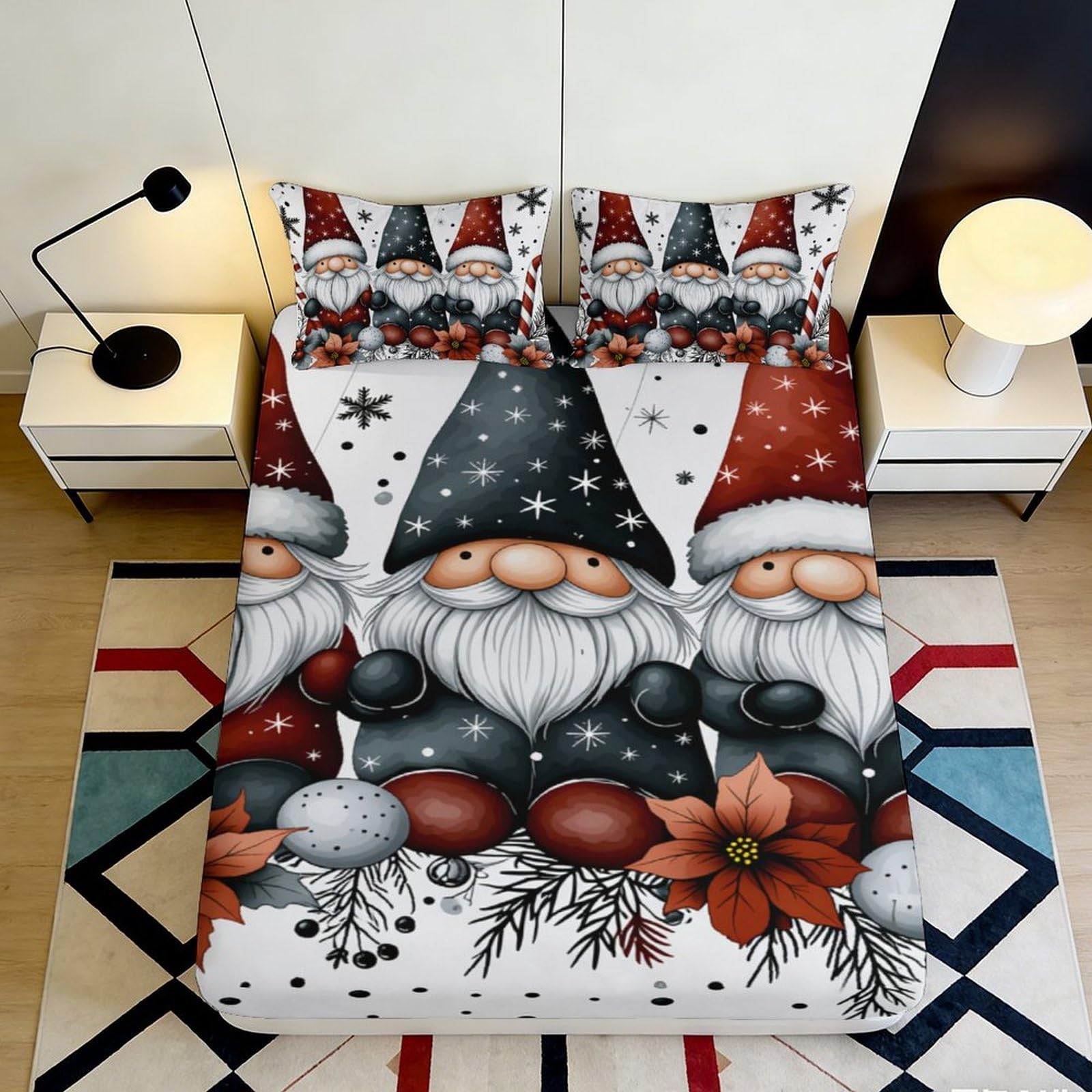 Pnayamiorkfel Style-6 3D Printed Christmas Gnome Fitted Sheet Microfiber Soft Decor Poinsettia Bed Cover For Bedroom Dorm Mattress Protection 90X200x25cm