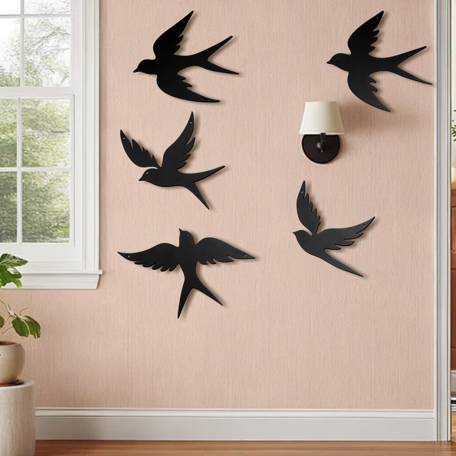 YunBey 5 Silhouettes Hirondelles Métal | Silhouettes noires en métal, oiseaux volants. Idéales pour salon, jardin et extérieur