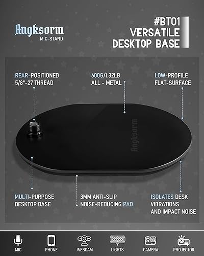 Miniatura 2 de BT01 - Base universal para micrófono, soporte de escritorio elíptico de metal resistente con rosca de 5/8"-27, adaptadores de 1/4" y 3/8