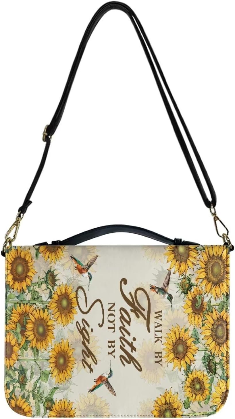 Talayituse Cross Sunflower Hummingbird Pattern Bible Covers for Women Men, Walk By Faith PU Leather Bible Tote Bags Bible Holder Cover with Shoulder Strap, Bible Carrying Case with Handle, 2XL