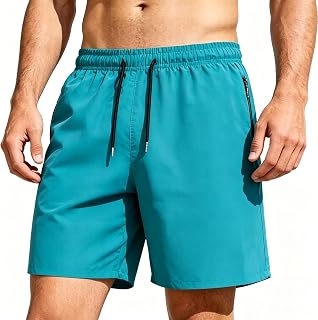 Generic Gym Shorts for Men Quick Dry Water Activated Pattern Beach Shorts Drawstring Elastic Waist Workout Short with Zipper Pockets