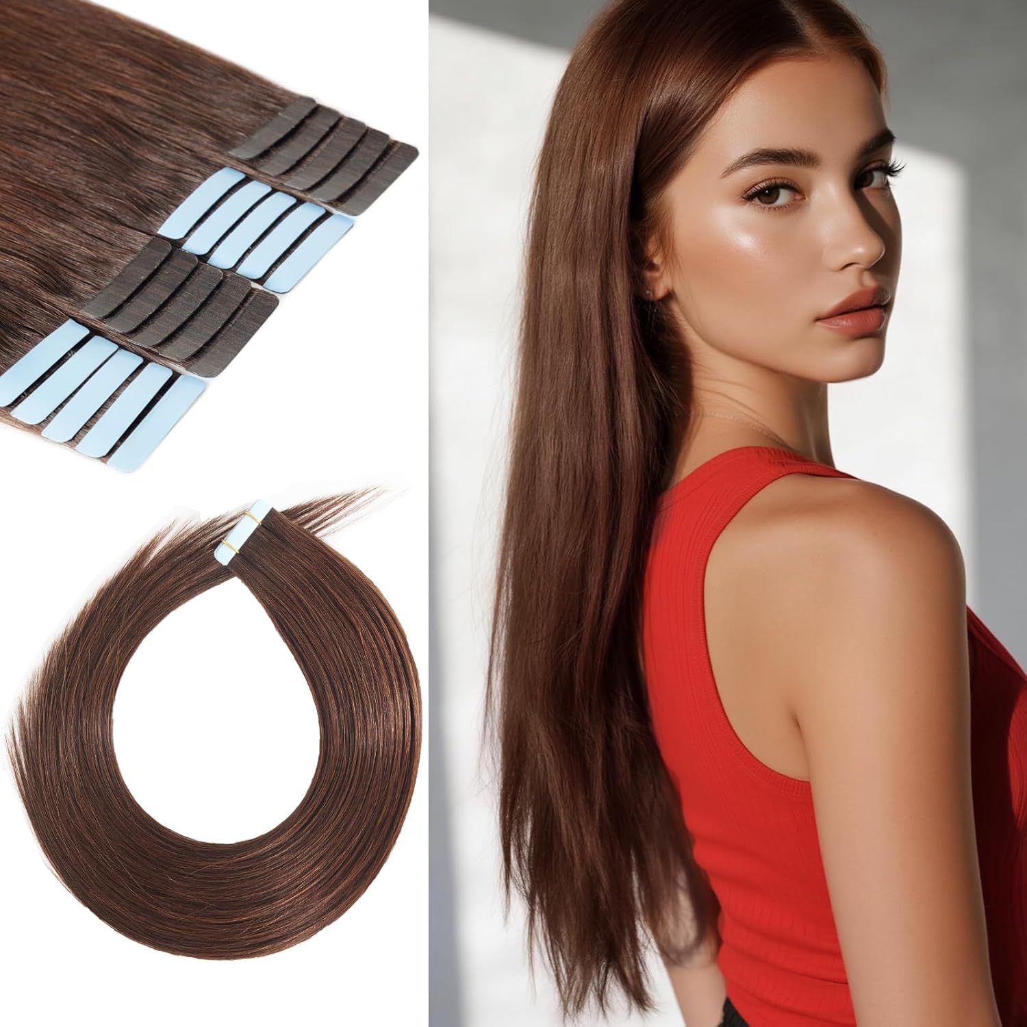 Tape in Hair Extensions Human Hair 16 Inch 50g 20Pcs Remy Human Hair Extensions Invisible Straight Seamless Tape in Extensions (16in, 50g, #60)