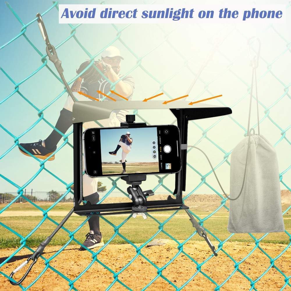 Phone Fence Mount with Shade, Phone Holder Mounting Kit for iPhone, Mevo Start, GoPro and Other Action Cameras, for Recording Baseball, Hockey, Softball and Tennis Games (Black with Bag)