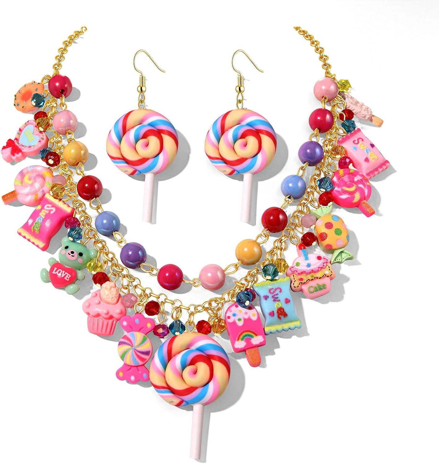 Lollipop Candy Layered Necklace Earrings Set Novelty Funny Colorful Pearl Beads Sweet Candy Lollipop Ice Cream Dessert Pendant Choker Necklaces Dangle Earrings Birthday Holiday Party Jewelry Gift