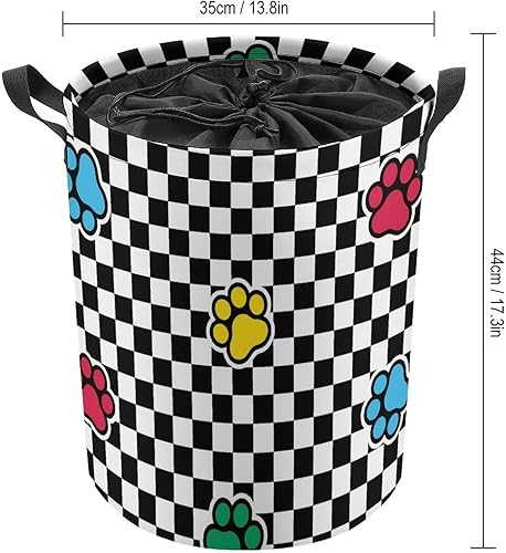 Miniatura 2 de Cesta de lavandería a cuadros de gato plegable con huella de perro con cordón impermeable, bolsa de lavandería para juguetes, contenedor de