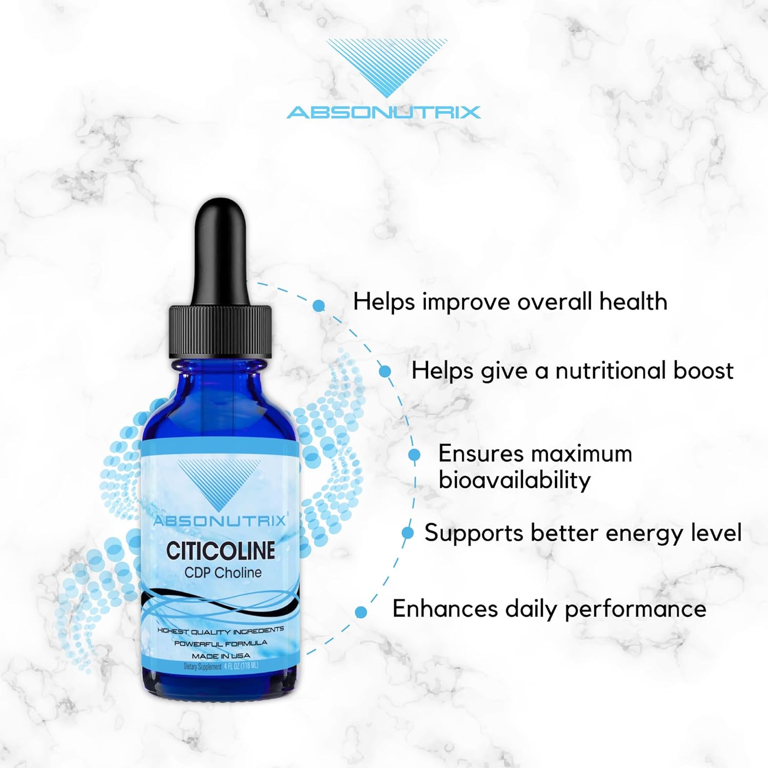 Absonutrix Citicoline 590 mg, 4 Oz Bottle, 200 Servings, Made in USA, Quick Absorption, Quality Potent Ingredients, Non-GMO, GMP Certified, Cruelty-Free Products