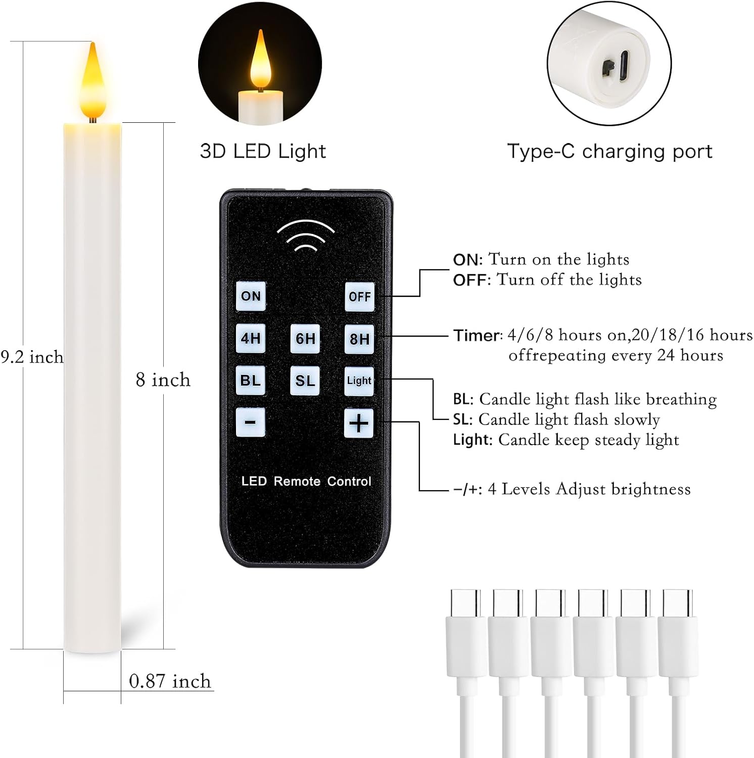 Rechargeable Flameless Taper Candles with Remote & Charging Cable,LED USB Battery Operated Flickering white Taper Candles Warm 3D Wick Light 6Pcs for Home,Wedding,Christmas Decor (0.87" x9.2" )