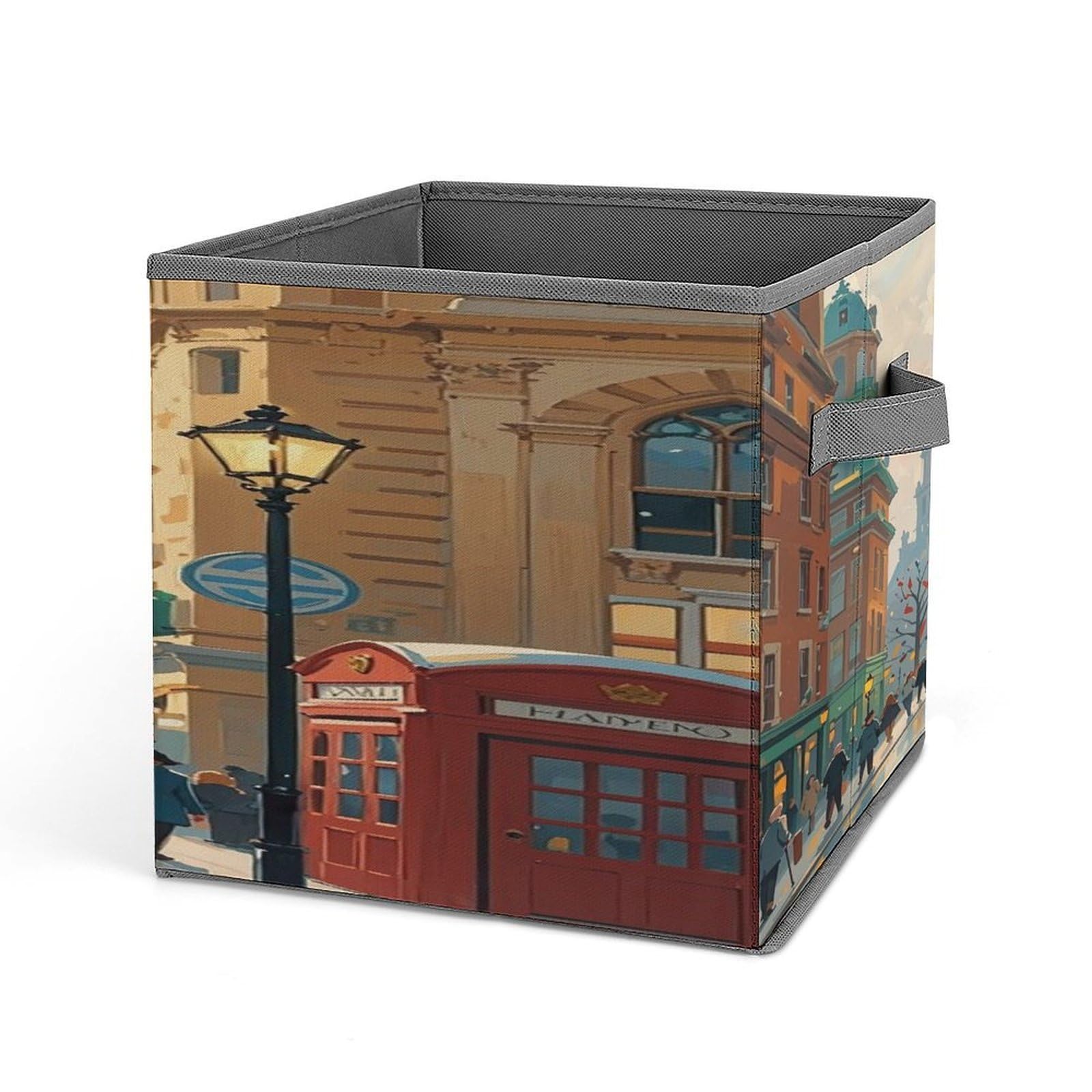 FekiLoot London Impression Folding Storage Bins with Handles Large Fabric Storage Cube Storage Organizer Heavy Duty Closet Organizer Sturdy Collapsible Bin Foldable Baskets