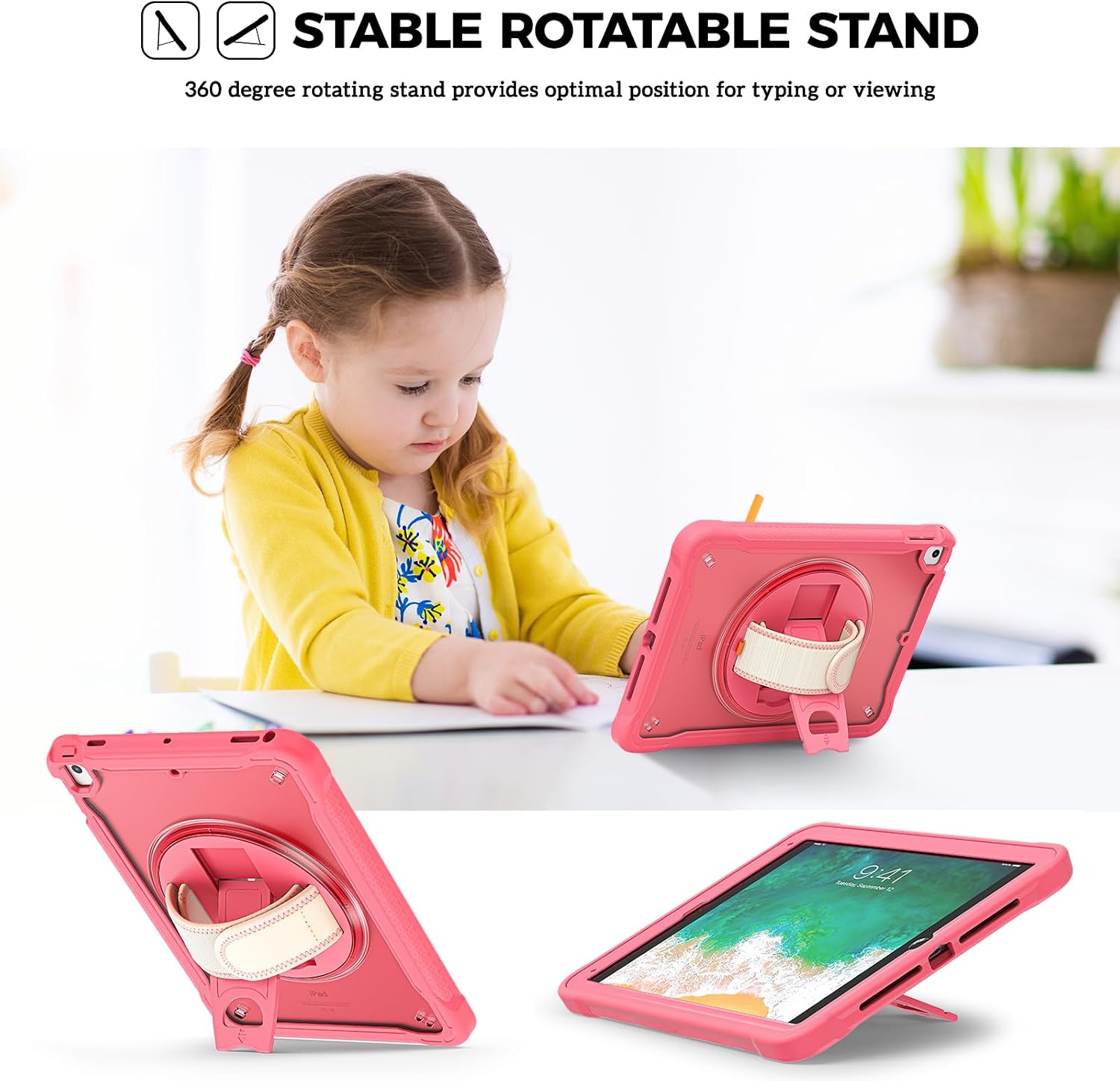 ProCase Rugged Case for iPad 9.7 Inch 5th 6th Gen/iPad Air 2 / iPad Pro 9.7 Case, Heavy Duty Shockproof Rugged Cover with Hand Strap 360 Degree Rotatable Kickstand Protective for iPad 9.7" -Melonpink