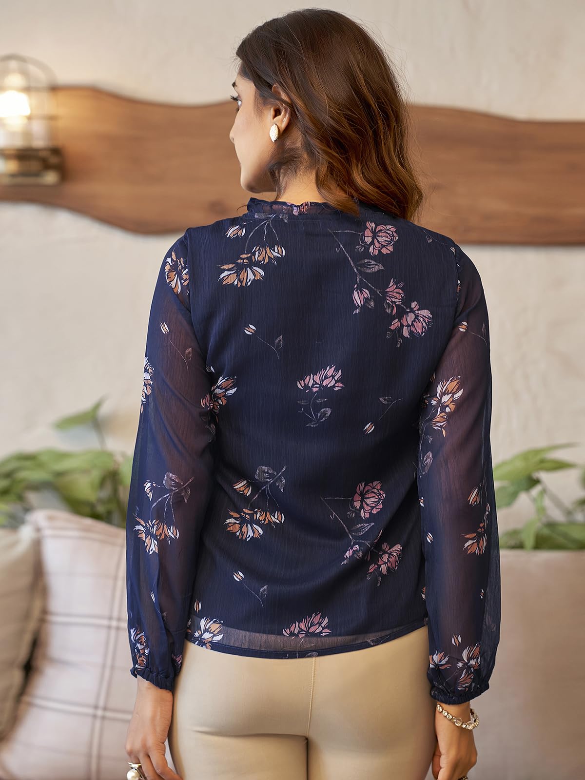 Selvia Women's Chiffon Printed Long Sleeve Regular Fit Top (613Tk7693N-Xs_Navy Blue & Multi)