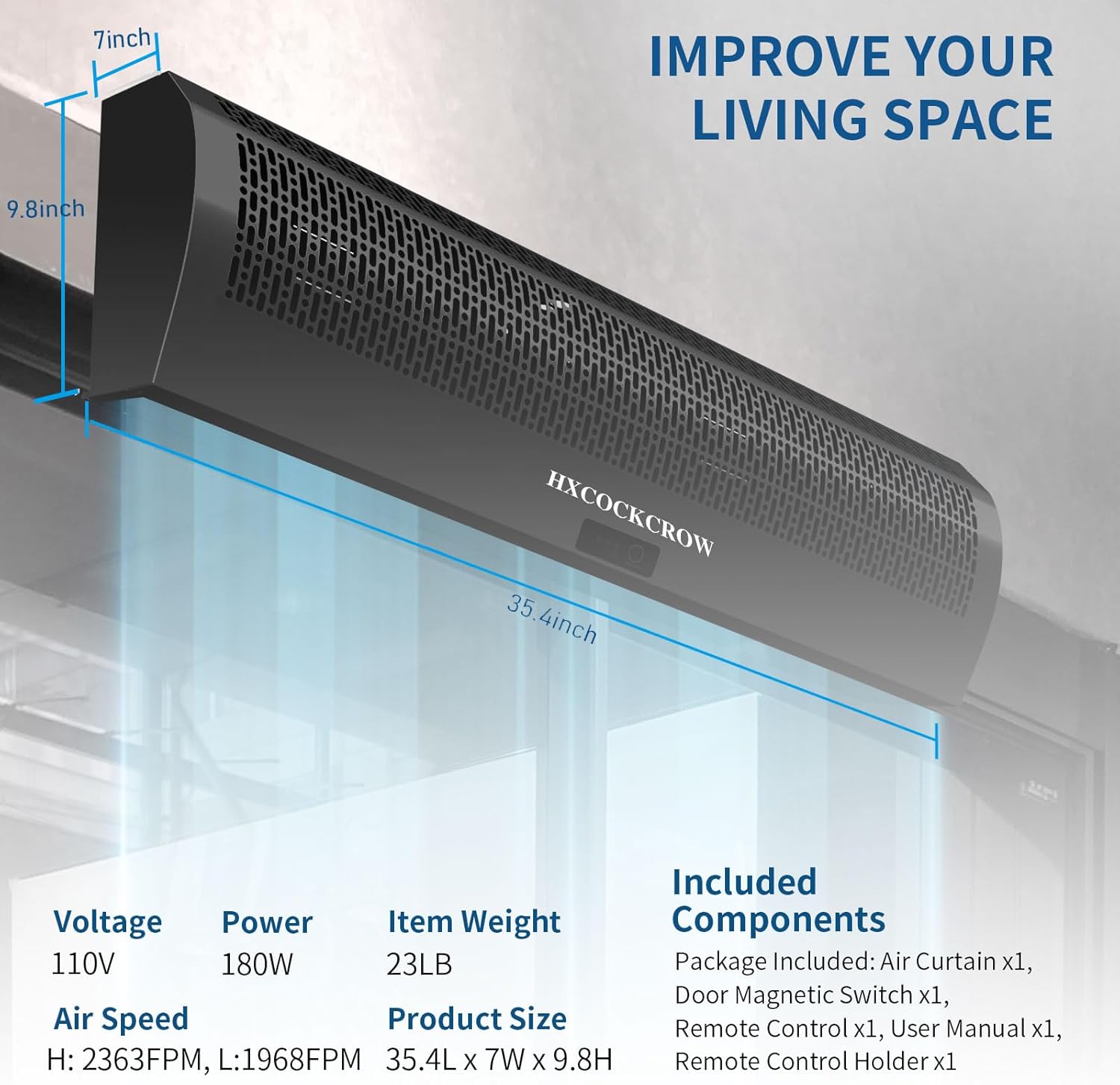 36 Inch Air Curtain for Doors Commercial,1350CFM/2363FPM Powerful Black Air Door Fan with Door Magnetic Switch to Keep Bugs Flies Out for Home, Restaurant, Garage, Warehouse, Shop