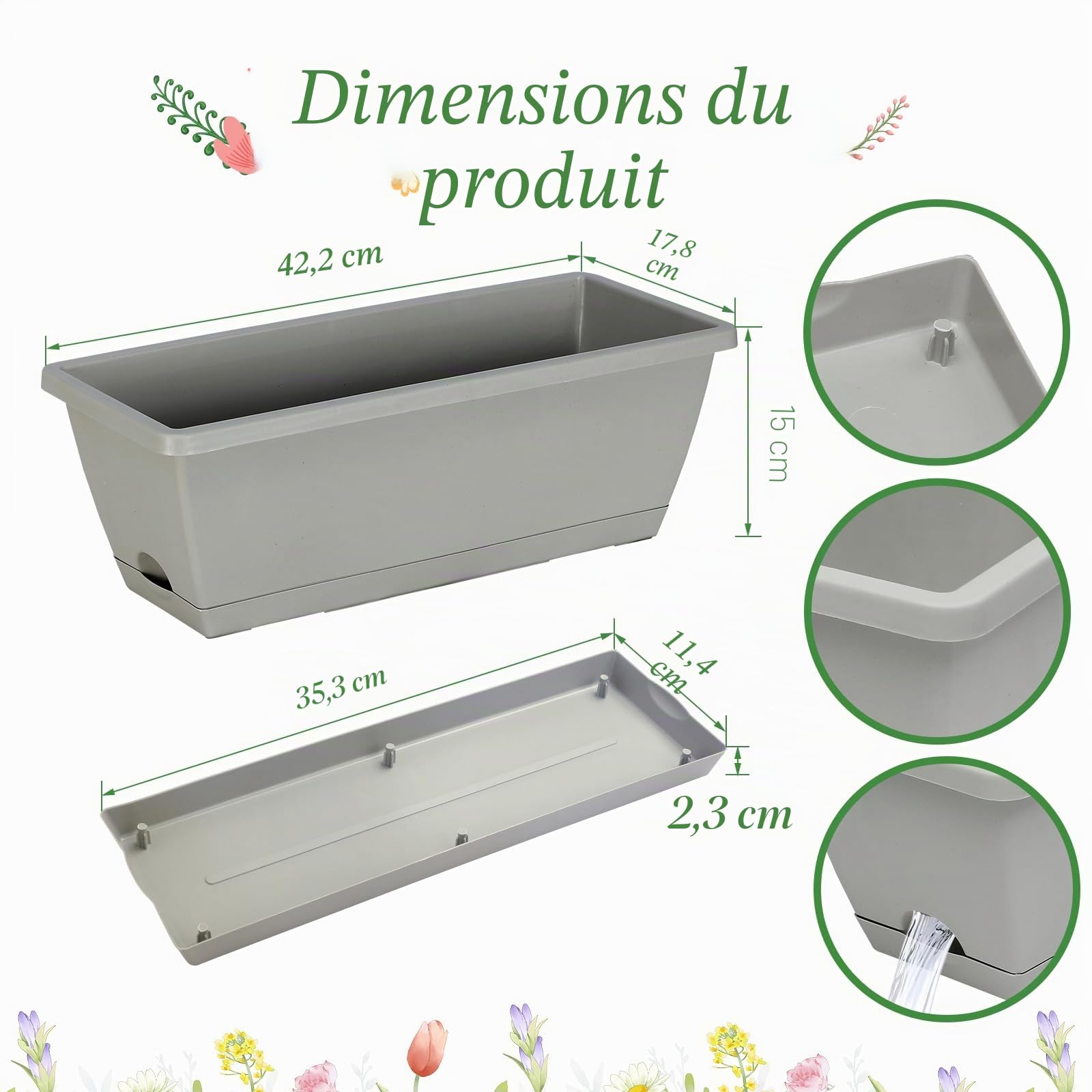 Lot de 12 jardinières rectangulaires en Plastique avec Trous de Drainage et Plateaux pour intérieur et extérieur, terrasse, Jardin, décoration d'intérieur, Porche, Cour (Gris)