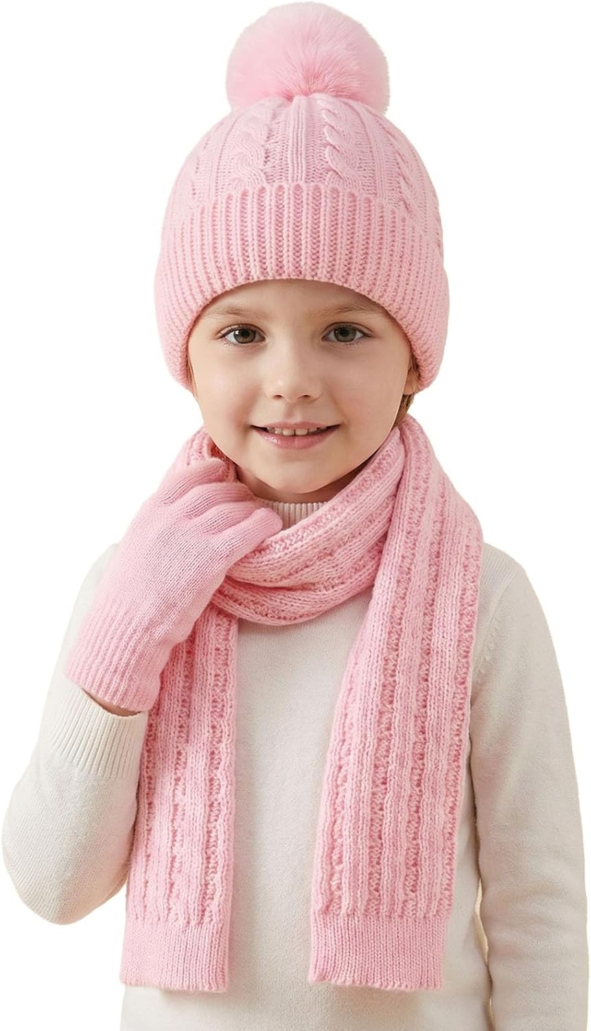 Girl Winter Knit Hat Scarf Hand Warmers 3 Piece Cold Weather Set