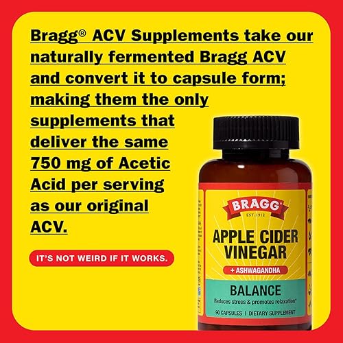 Miniatura 2 de Bragg Daily Balance - Cápsulas de vinagre de sidra de manzana y Sensoril Ashwagandha - 750 mg de ácido acético - Soporte para el control de energía